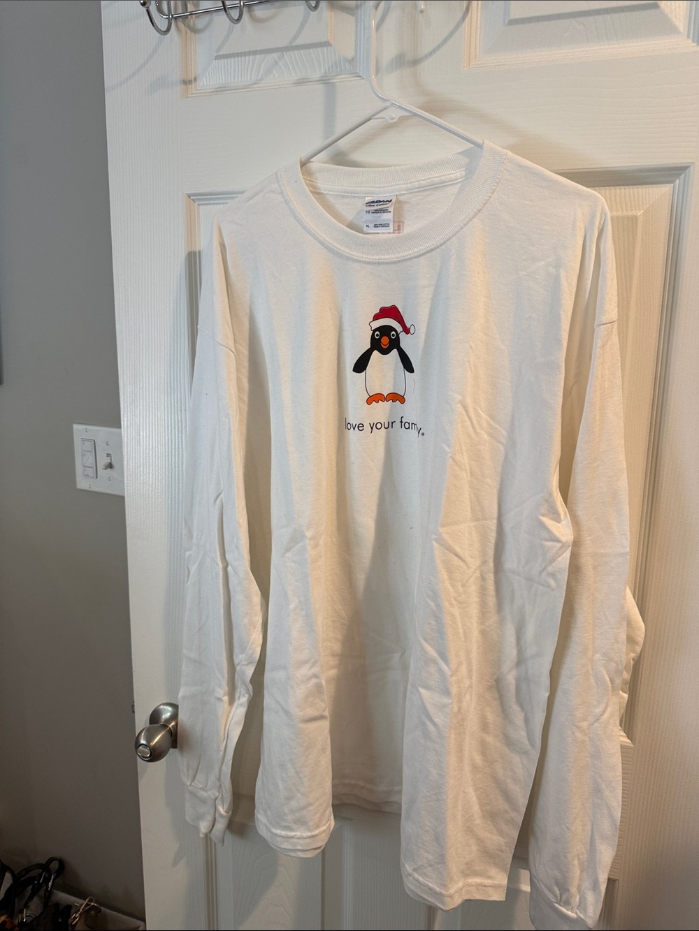 White Long Sleeve Tee with Penguin Holiday Graphic
